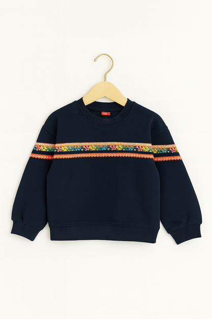 Navy Blue Floral Trim Kids Sweatshirt 122
