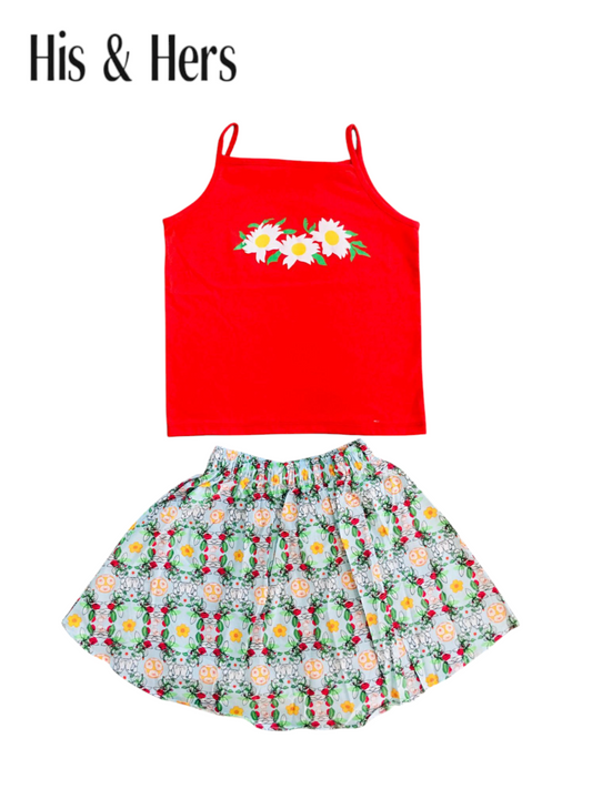 Three Flowers Red Top&Skirt Set 244