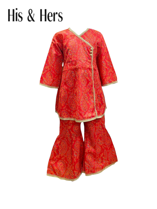 Printed 2 Piece Red Lawn Suit Girls