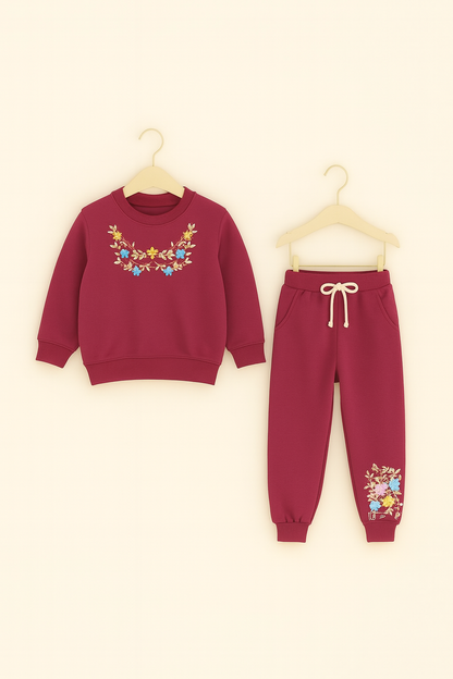 Girls Burgundy Embroidered Floral Tracksuit 252
