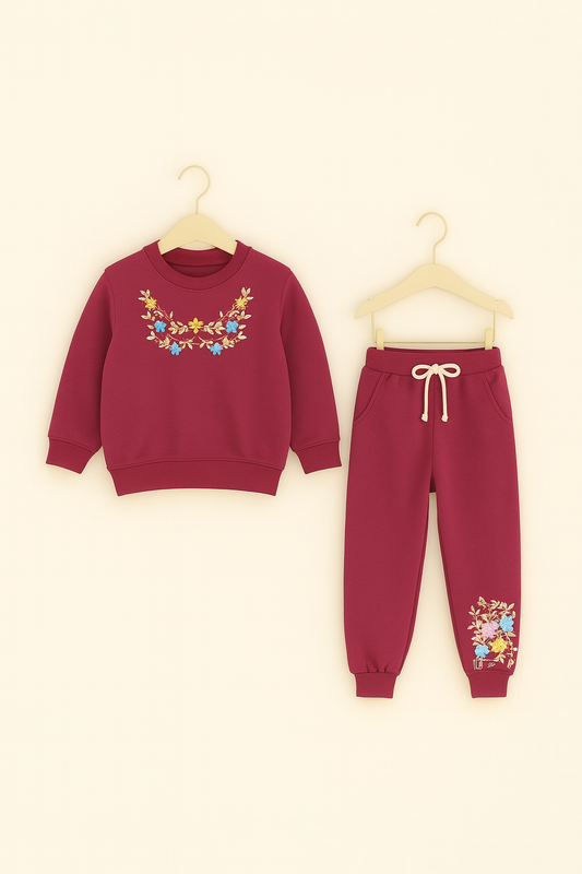 Girls Burgundy Embroidered Floral Tracksuit 252