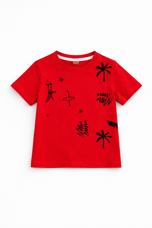 Beach Vibes Printed  Red T-Shirt 423