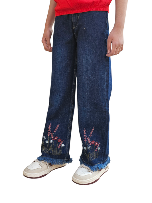 Flower Embroidery Kid's Dark Blue Denim Pants Girls 118