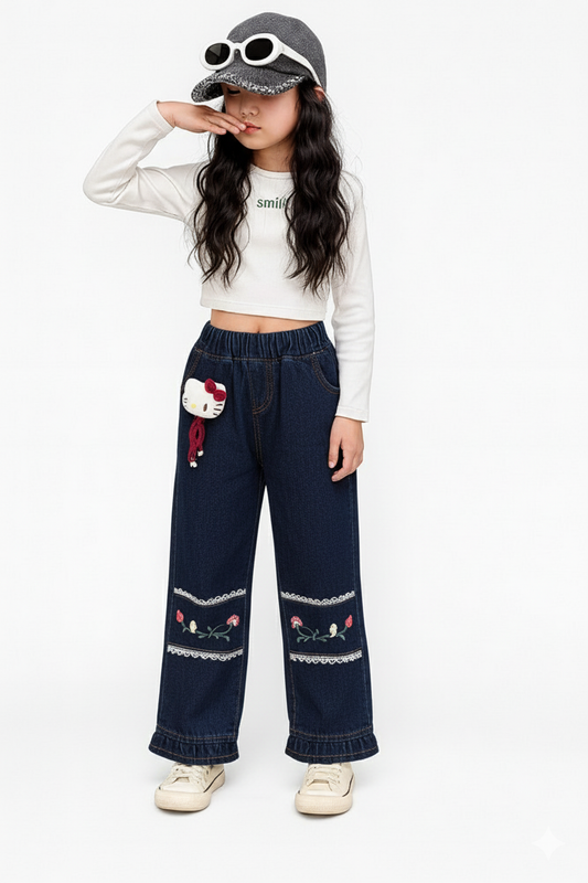 Dark Blue Floral Lace Detail Denim Pants for Girls 264