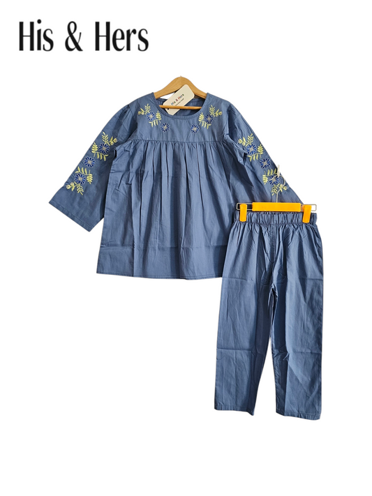 Flower Embroidery C-Blue Girls Suit 201