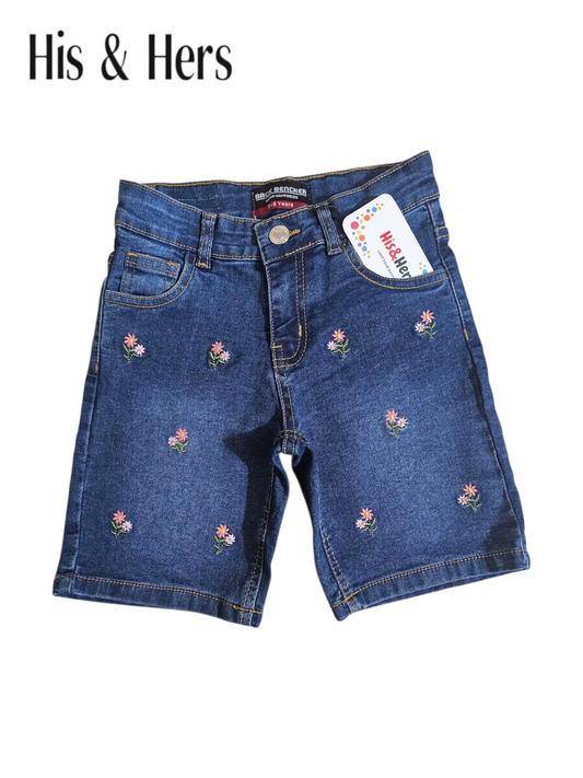 Pink Flowers Embroidery Dark Blue Denim Shorts Girls 118
