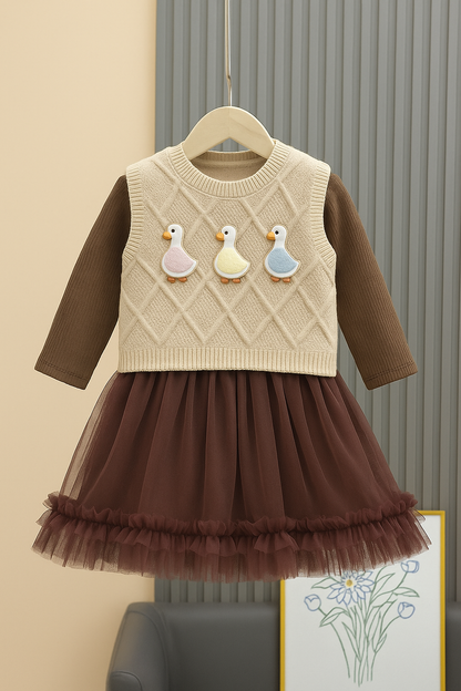 Girls Brown Duck Knit Vest with Cream Tulle Dress | 2-Piece Winter Outfit