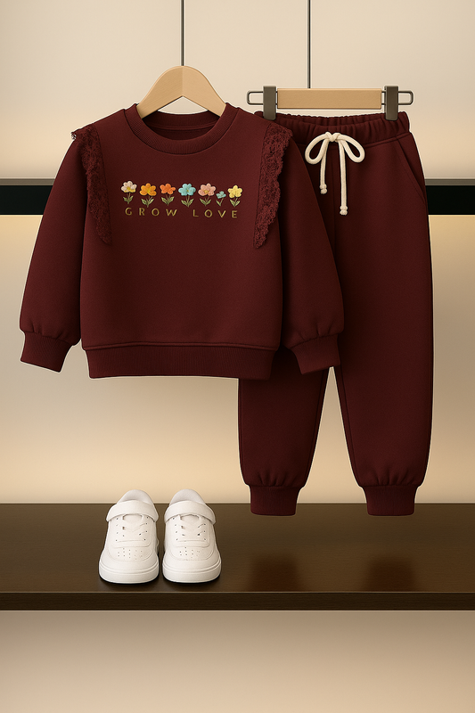 🌸 Girls’ Maroon Tracksuit with Lace & Floral Print 201