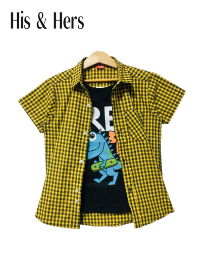 Yellow Checked [ Dinosaur ] Double Casual Shirt Boys