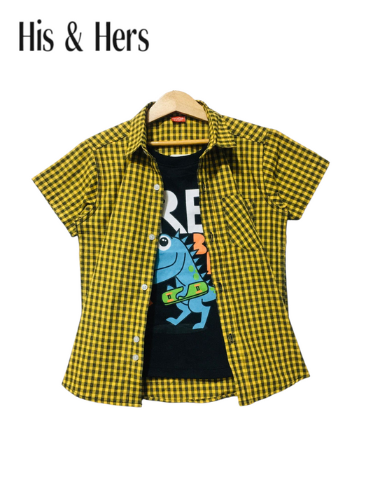 Yellow Checked [ Dinosaur ] Double Casual Shirt Boys
