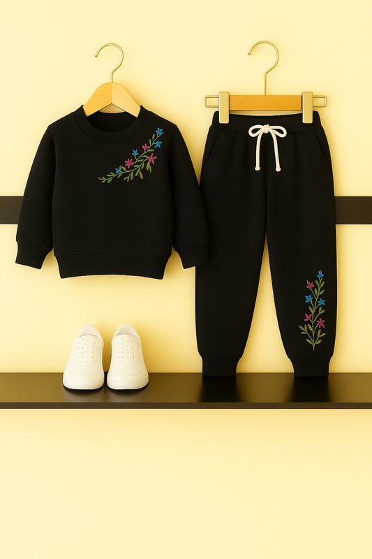 Girls Black Tracksuit – Elegant Floral Embroidery 284