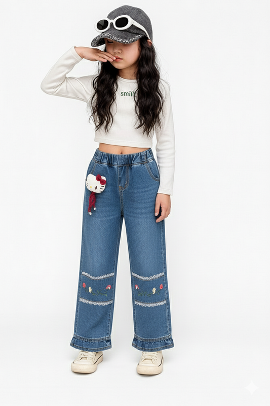 Mid Blue Floral Lace Detail Denim Pants for Girls 271