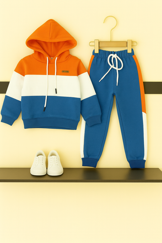 Color Block Hoodie & Jogger Set – Orange, White,Blue 221