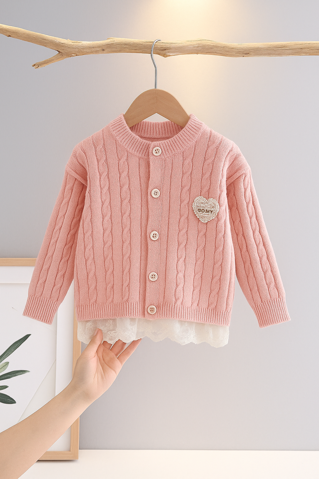 ✨Pink Cable Knit Cardigan with Lace Hem for Girls ✨
