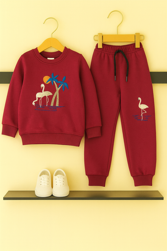 Girls Swan Embroidered Tracksuit - Mahroon 127