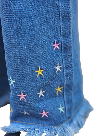 Stars Embroidery Kid's Mid Blue Denim Pants Girls 117