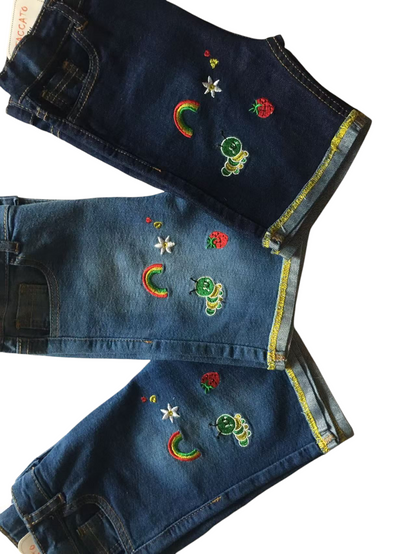 Rainbow Embroidery Dark Blue Denim Shorts Girls