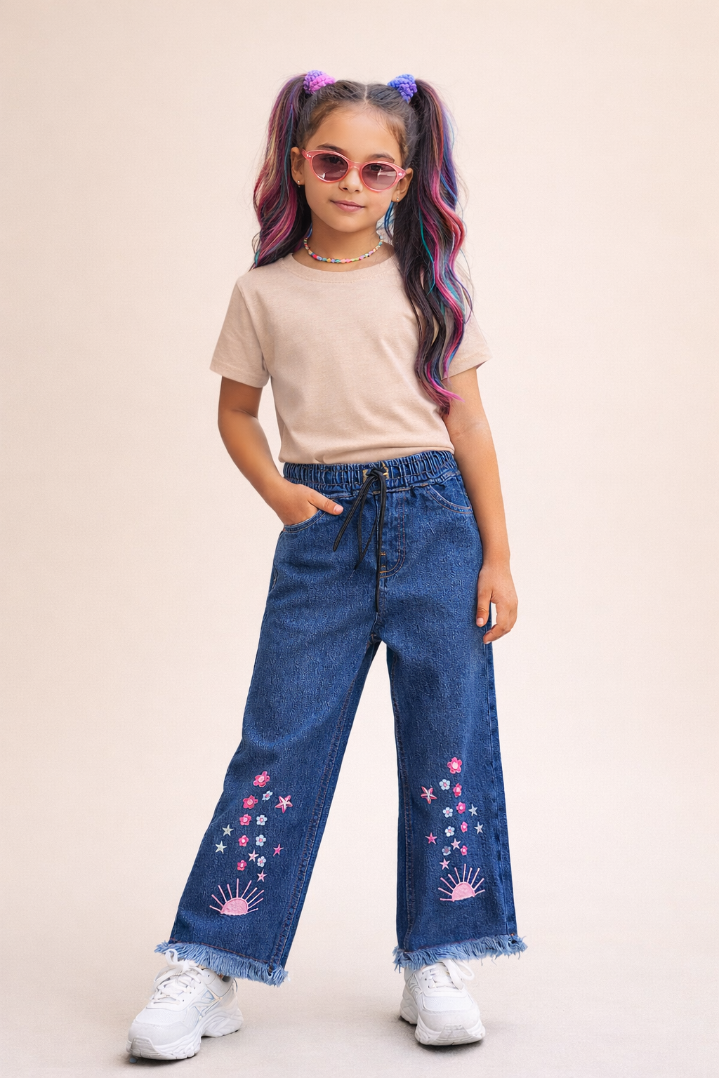 Floral & Sun Embroidered Frayed Hem Jeans M Blue 120