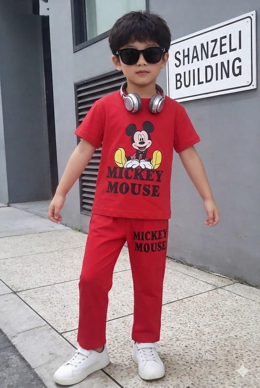 Mickey Mouse Printed Red  T-Shirt &Trousers Boys