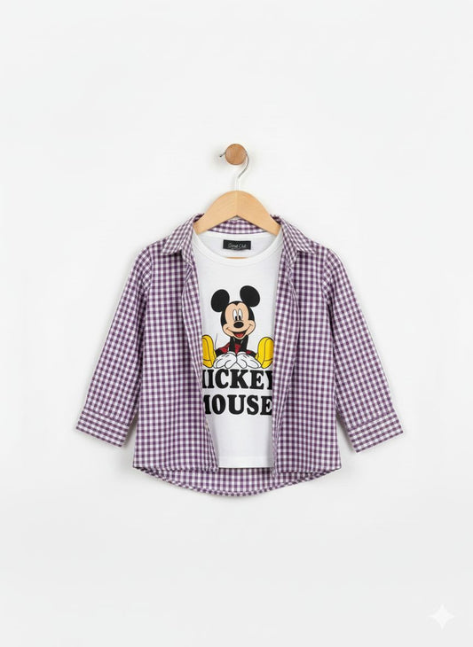 Mickey Mouse Printed Double Casual Shirt-Purple Check 211