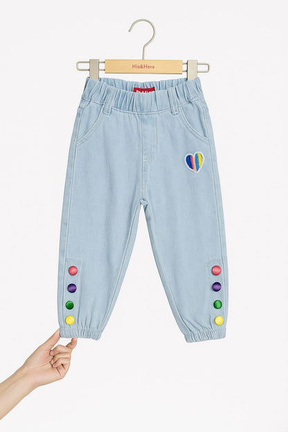 Rainbow Heart Denim Jeans for Girls 🌈 Light Blue 107