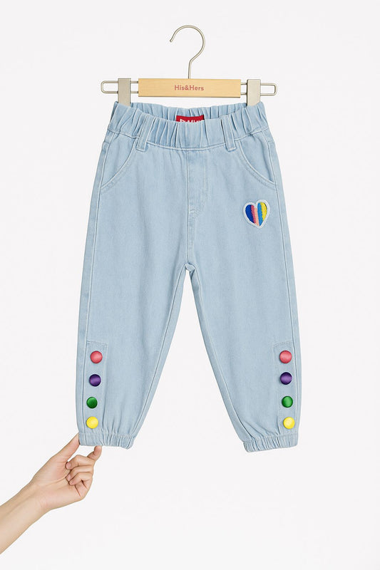 Rainbow Heart Denim Jeans for Girls 🌈 Light Blue 107