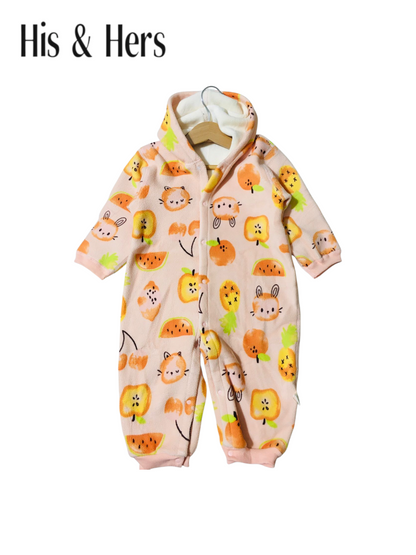 Yummy Fruits Print Polar Fleece Pink Jumpsuit Bodysuit