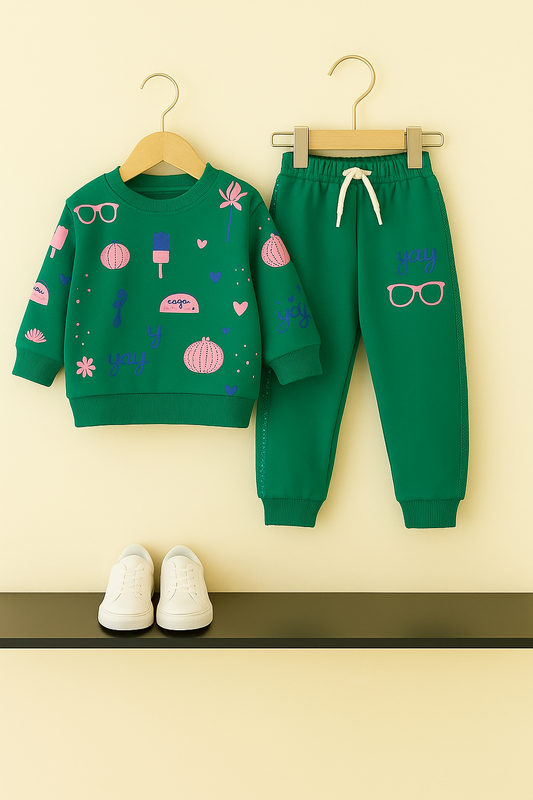 Green Kids Tracksuit with Fun Graphic Prints 228
