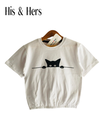 Black Kitten White  T-Shirt Short Length Girls 238