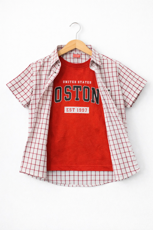 Red Checked Boston Red Inner Double Casual Shirt Boys 208