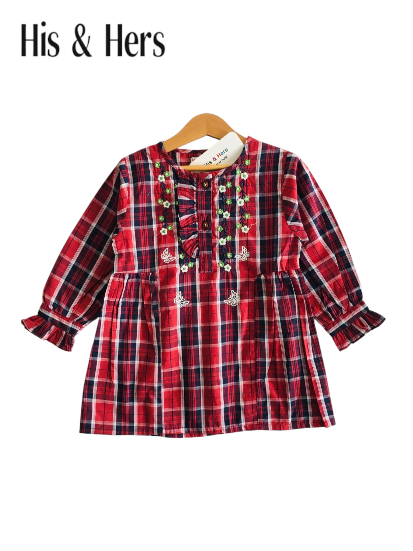 White & navy Checked Red Girls Top 244
