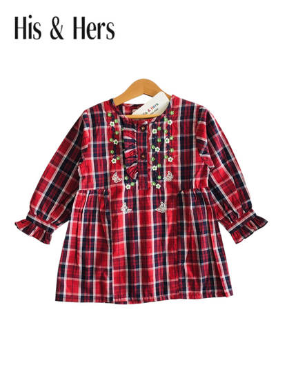 White & navy Checked Red Girls Top 244