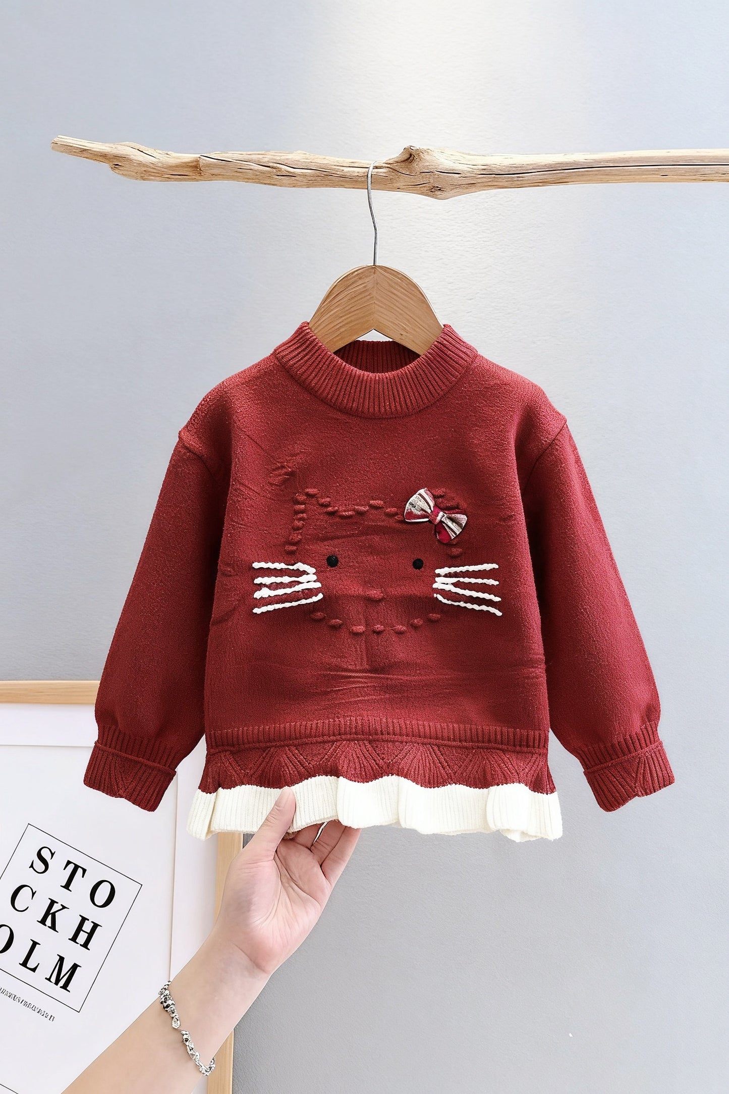 Cute Kitty Knit Sweater for Girls – Mahroon Bow Design
