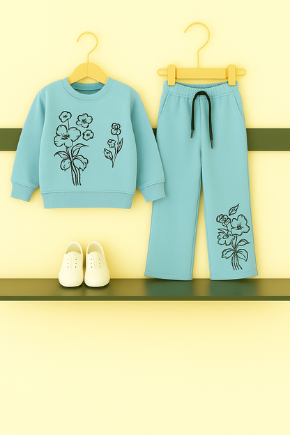 Girls Floral Prints Sweatshirt & Wide-Leg Pants Set – Light Blue Bloom 128