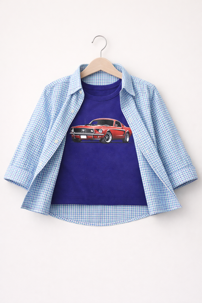 Car Printed Double Casual Shirt-Light Blue Check 301