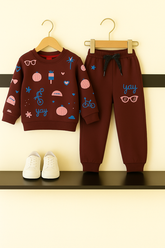 Mahroon Kids Tracksuit with Fun Graphic Prints 228