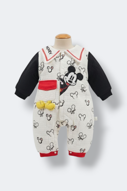 Mickey Print Quilted Bodysuit – Black Sleeves & Red Trim