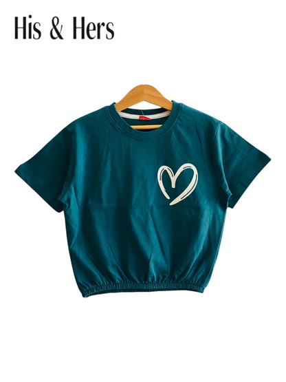 One Heart Blue Short Length T-Shirt Girls 239