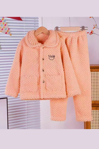 Peach Coral Fleece Winter Night Suit for Girls – Soft & Warm Two-Piece Lounge Set