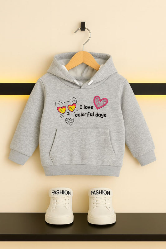 "Heart & Kitten" Print Grey Hoodie For Girls