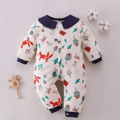 Cute Animal Print & Contrast Collar Winter Baby Romper