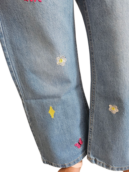 Love Embroidered Light Blue Denim Flapper Pants Girls 270