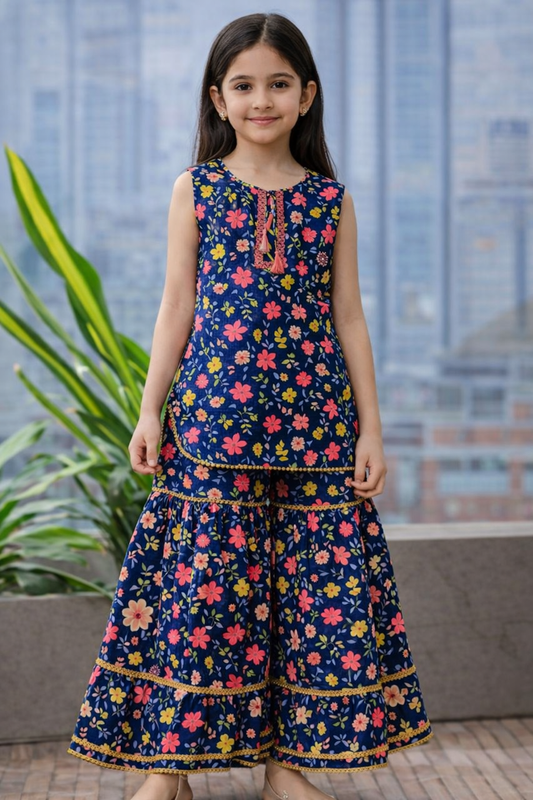 Pink Floral Navy Sharara Suit for girls Pakistan. Wid Outfit 