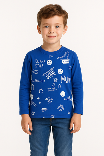Boys Blue Graphic Long Sleeve Tee – "Super Star Dude" Print