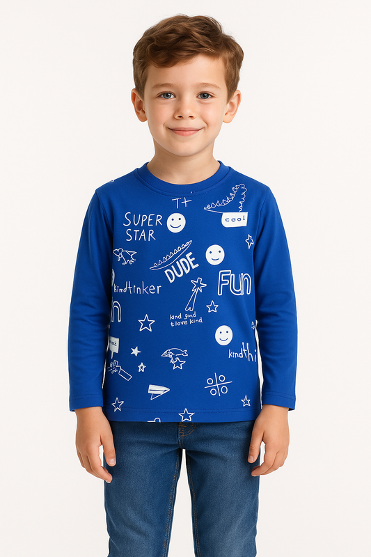 Boys Blue Graphic Long Sleeve Tee – "Super Star Dude" Print