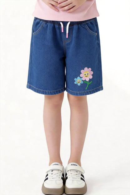 Smiley Flower Embroidery Dark Blue Girls Short