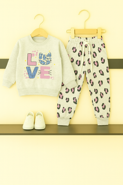 Oatmeal “LOVE” Cat Print Tracksuit