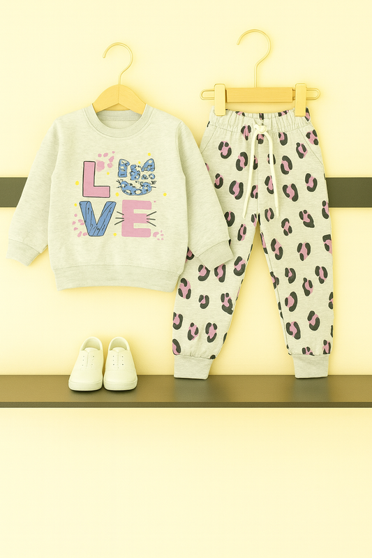 Oatmeal “LOVE” Cat Print Tracksuit