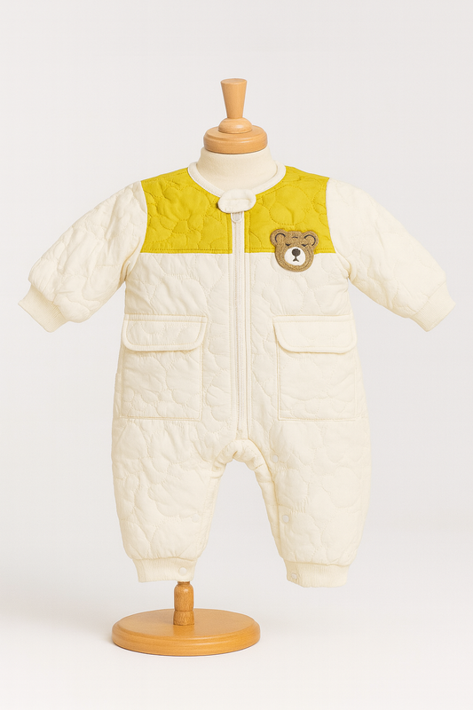 Teddy Patch Quilted Baby Romper – Cream & Mustard Yellow Chest