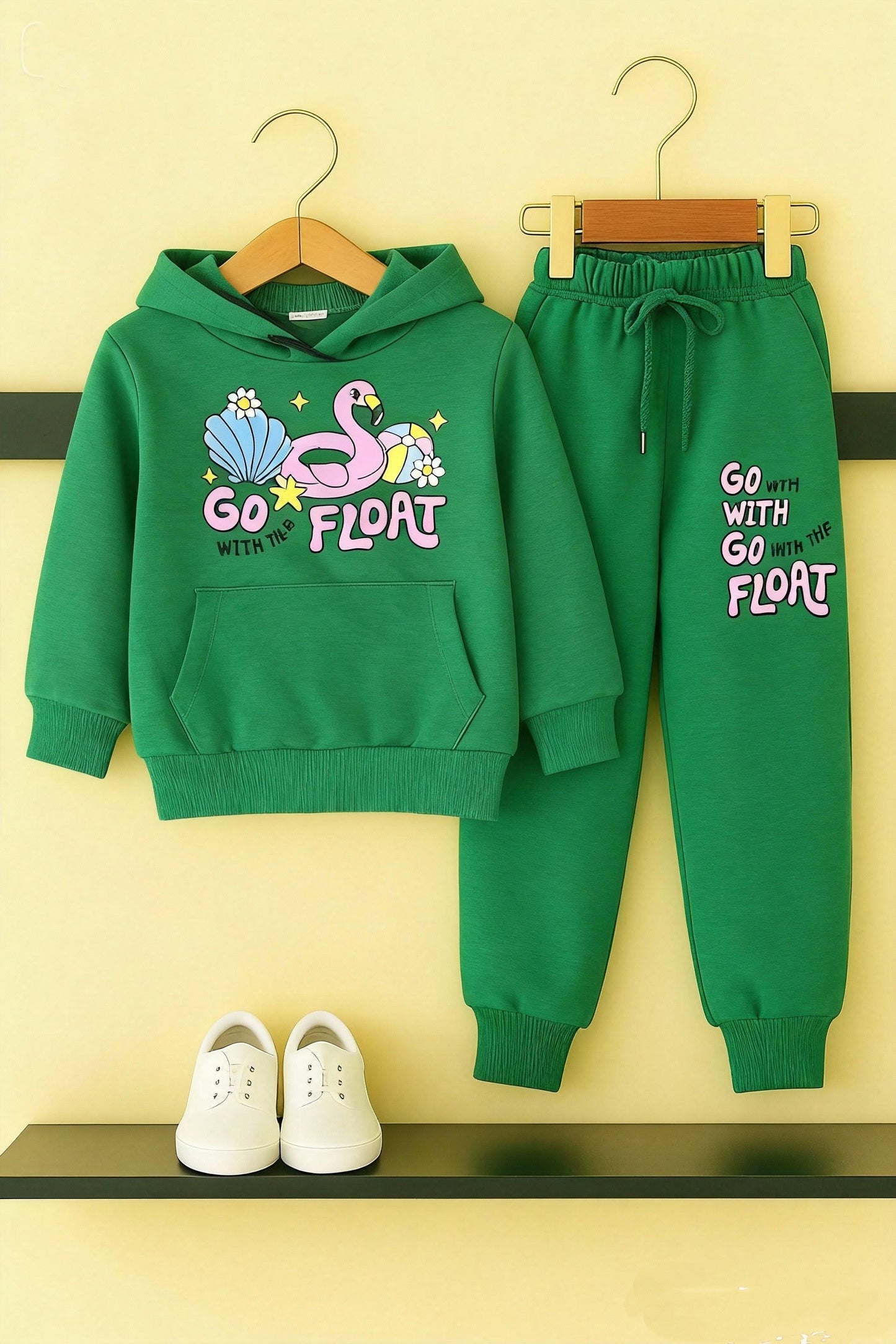 "Go With Float" Green Fleece Hoodie Tracksuit Girls 204